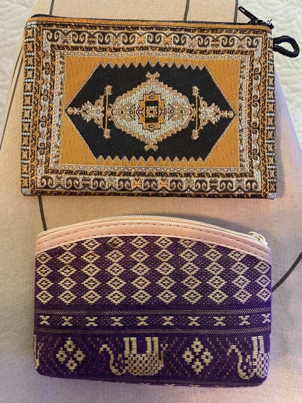 Set of 2 Global Woven Zip Pouches Purple Gold Black Boho Travel